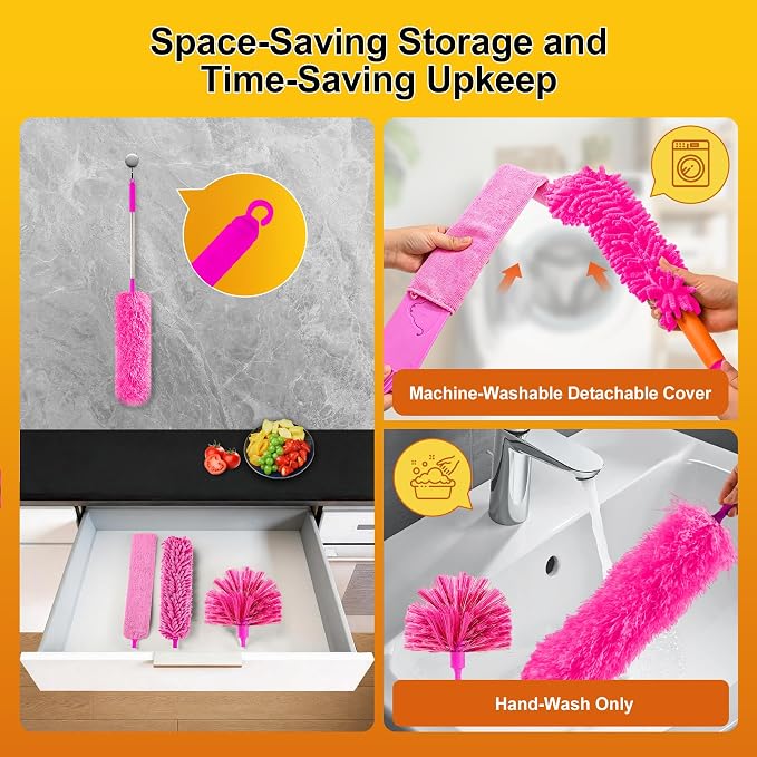 Tiumso 5-in-1 Duster with Extension Pole 100 inch Extendable Dusters for Cleaning Anti-Spin Reusable Dusting Kits for High Ceiling Fans, Cobwebs & Vents, Reinforced Stainless Steel Telescopic Handle