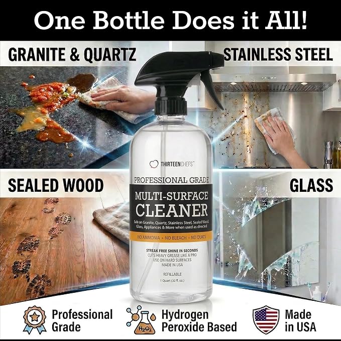 Thirteen Chefs Multi-Surface Cleaner for Granite and Quartz Countertop, Stainless Steel Appliances, Wood Furniture and Tables - 32oz Spray Bottle (32oz)