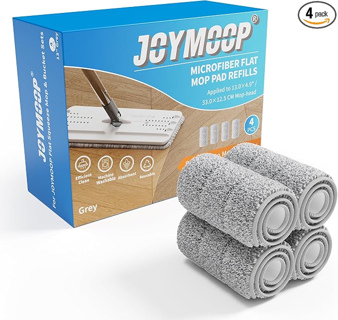 JOYMOOP Microfiber Flat Mop Pads, Washable Replacement Pads for 13 Inch Mop System, Grey, Pack of 4