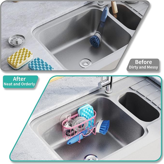 HapiRm Sponge Holder for Kitchen Sink - Sink Caddy with Unique M-Shaped, 2 Installation Methods Kitchen Organizer, Rustproof Stainless Steel Sponge Caddy - Pink