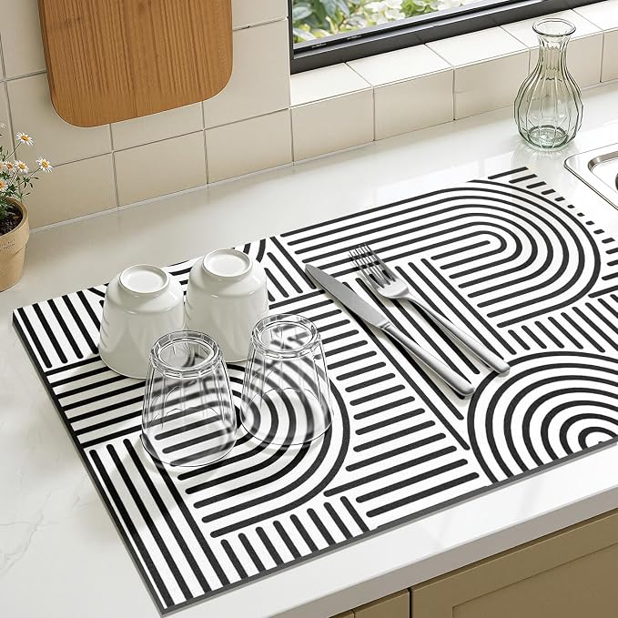 Findosom Dish Drying Mat, 12" x 20" Super Absorbent Dish Mat with Modern Geometric Striped, Hide Stain Drying Mat for Kitchen Counter, Under Dish Rack, Coffee Maker, Espresso Machine, Black & White