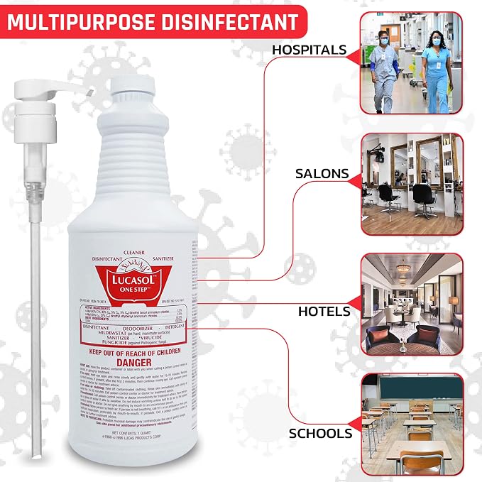 Lucasol One Step Disinfectant, 1 Quart (32 Ounce) Disinfectant & Attachable Dispenser Pump Combo, All Purpose Cleaner Disinfectant Spray For Hospitals, Schools, Salons, Household Cleaning And More.