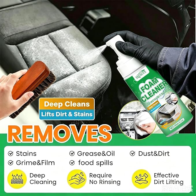 Multifunctional Car Foam Cleaner, No-Rinse Stain Remover, Powerful Auto Interior Detailing Spray for Carpet, Seats, Leather, Fabric & Vinyl, Safe for All Surfaces - 5oz / 150ml