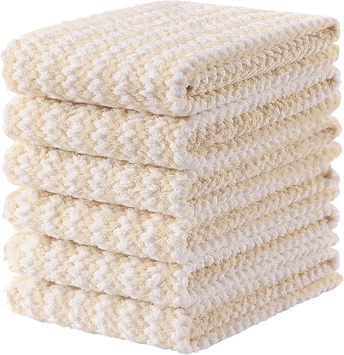 Homaxy Kitchen Towels(6 Pack, 10 x 20 inches), Ultra Soft and Absorbent Dish Towels, Reusable Fast Drying Microfiber Cleaning Cloth, Coral Velvet Wave Design No-lint, Beige