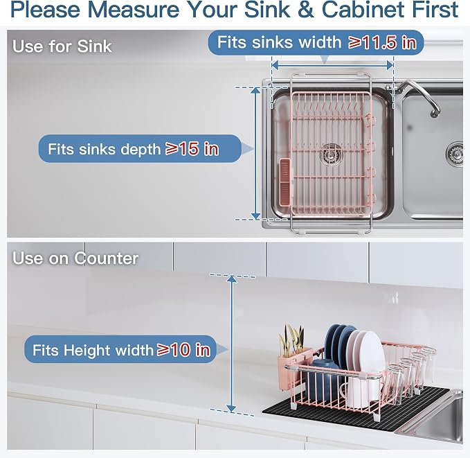 JASIWAY Pink Dish Drying Rack in Sink with Mat, Expandable Stainless Steel Dish Drainers for Kitchen Counter, Space Saving Dish Dryer for Inside Sink, Over Sink Dish Racks with Utensil Holder