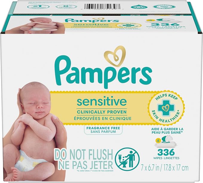 Pampers Sensitive Baby Wipes, Clinically Proven, Fragrance Free, Unscented, Water Based, Hypoallergenic, Multi-Use, Hand Wipes 336 Wipes Total (6X Flip-Top Packs) [Packaging May Vary]