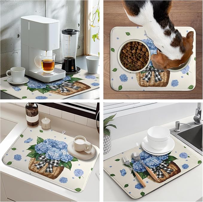 Spring Hydrangea Dish Drying Mats Spring Summer Floral Dish Mat Blue Flowers Butterfly Drying Matt Dishes Dryer Pad for Kitchen Counter Absorbent Microfiber Washable Foldable Reusable 18x24 in