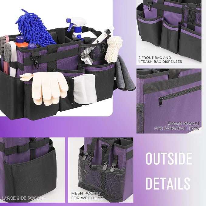 SCAVATA Wearable Cleaning Caddy, Cleaning Caddy Supplies Organizer with Handle & Shoulder Straps for Housekeepers, Under Sink & Car Cleaning Tool Organizers Bag with 4 Foldable Divider (Purple)