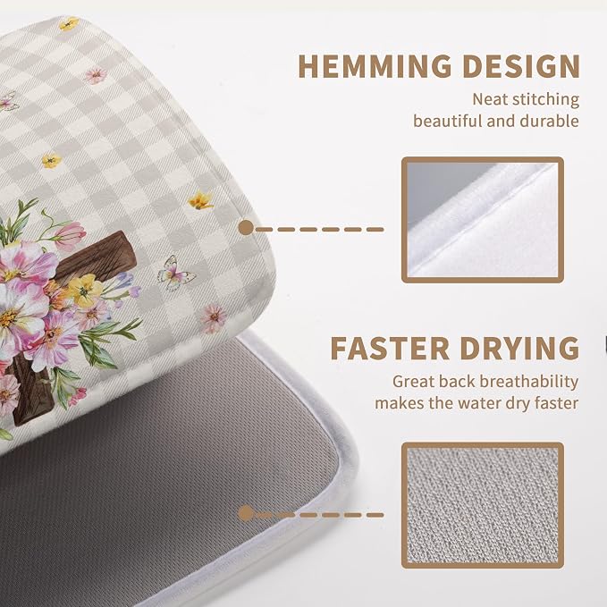 Easter Bunny Dish Drying Mats Spring Floral Dish Mat Easter Cross Eggs Drying Matt Dishes Dryer Pad for Kitchen Counter Absorbent Microfiber Washable Foldable Reusable 18x24 in