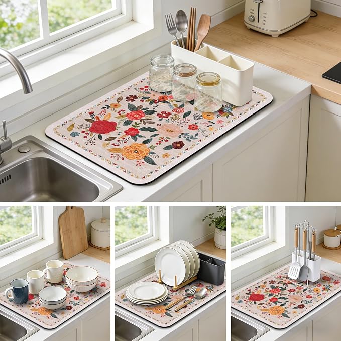 Vintage Floral Dish Drying Mat 18x24 Inch, Dish Mat Drying Kitchen Mats for Extra Large Absorbent Countertop, Aesthetic Boho Drying Matt Kitchen Counter Washable Heat Resistant Dish Drainer Rack Mat