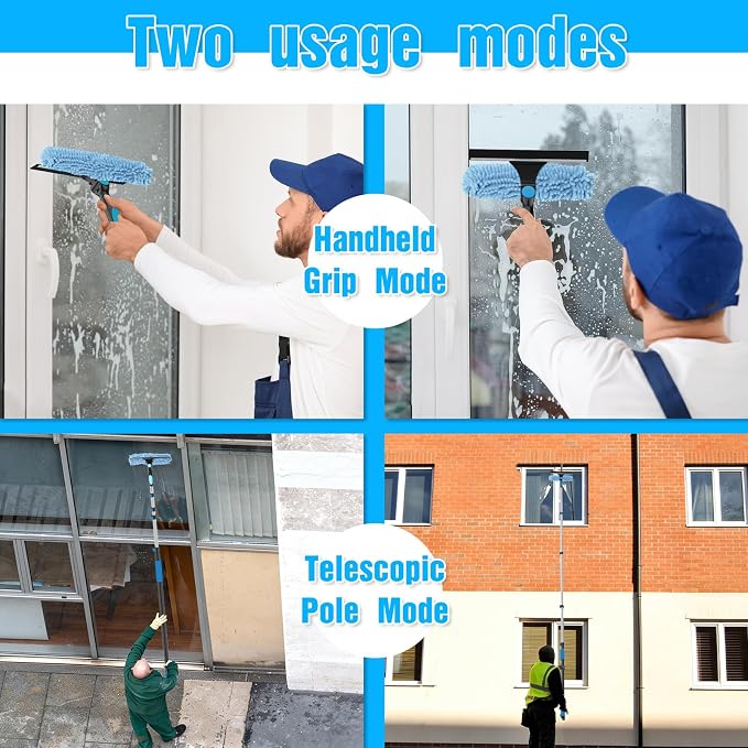 25FT Reach Window Squeegee Kit with Extension Pole, 2-in-1 Professional Washer for High Windows, 5-20FT Adjustable Reach, Rotatable Head for Indoor & Outdoor Use, Streak-Free Cleaning Tool for Home