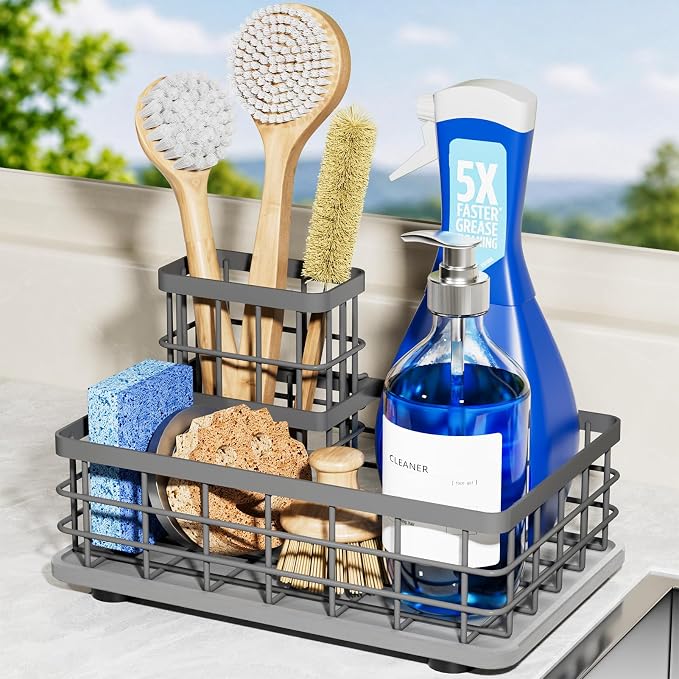 Extra Large Kitchen Sink Caddy Organizer, Stainless Steel Sponge Holder for Kitchen Sink with Brush Holder, Diatomite Stone Sink Tray for Soap Dispenser, Sponge, Bathroom Countertop Organizer, Grey