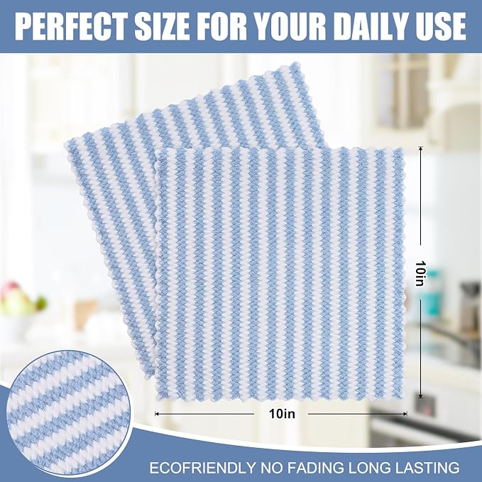 Homaxy 12 Pack Kitchen Dish Cloths, Ultra Soft and Absorbent Dish Towels, Reusable Fast Drying Microfiber Cleaning Cloth, Coral Velvet Wave Design No-lint, 10 x 10 inches, Blue