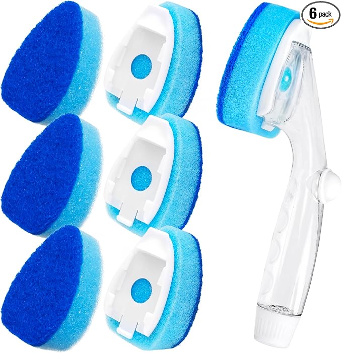 Dishwand Refills with Handle, Dish Wand Refill Replacement Sponge Head 6Pcs | Non-scratch Heavy Duty Sponge Heads Set,Soap Dispenser Scrubbers,Dishwashing Scrub Dispensing Brush Pads,Dishwasher Cleaning