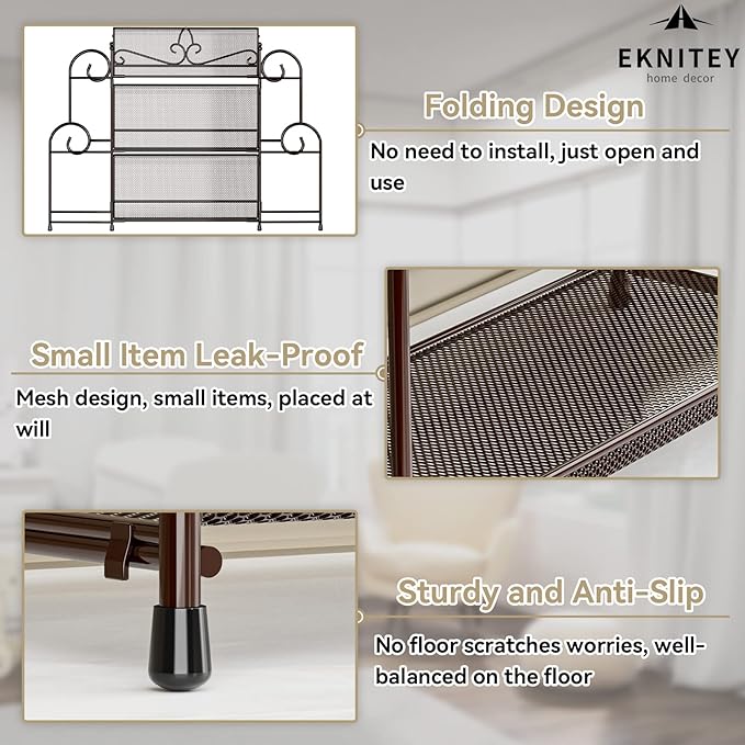 EKNITEY Bathroom Organizer Shelf Countertop - 3 Tier Spice Rack No Assembly | Kitchen Counter Organizer, for Skincare Makeup Vanity, Sturdy Metal Frame, Easy to Clean, Space-saving, Foldable, Brown