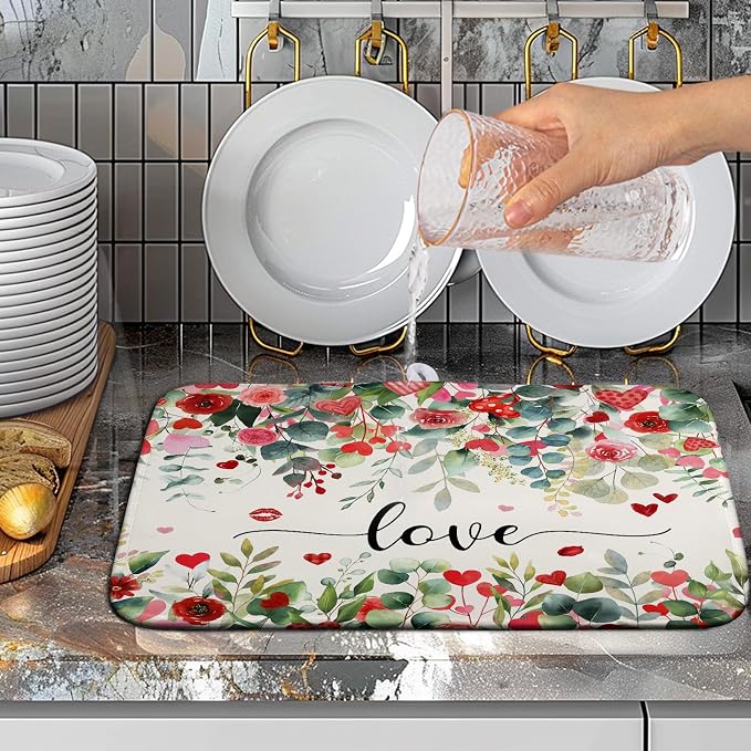 Valentines Day Love Heart Rose Eucalyptus Leaves Dish Drying Mat for Kitchen Counter 16x18 Inch Spring Valentine Microfiber Absorbent Dish Drainer Mats Reversible Drying Pad