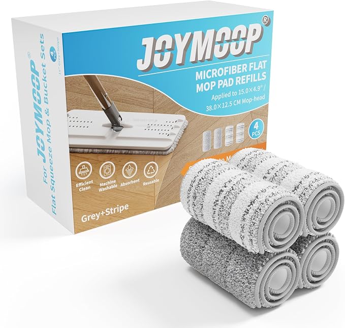 JOYMOOP Microfiber Flat Mop Pads for 13" Flat Mop System, Washable Replacement Cleaning Pads, Pack of 4, Grey and Stripe