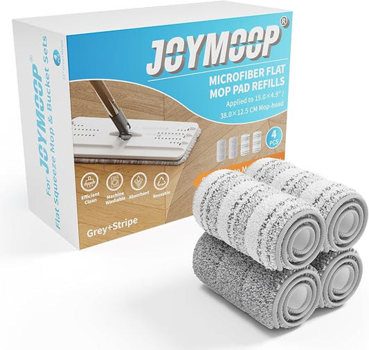 JOYMOOP Microfiber Flat Mop Pads for 13" Flat Mop System, Washable Replacement Cleaning Pads, Pack of 4, Grey and Stripe