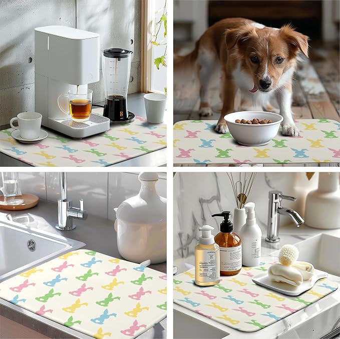 Easter Bunny Dish Drying Mat Colorful Cute Rabbits Kitchen Drying Mat Spring Microfiber Dish Dryer Pad Absorbent Reversible Dish Drainer Rack Mat Washable Dish Mat for Kitchen Countertop 18x24 Inch