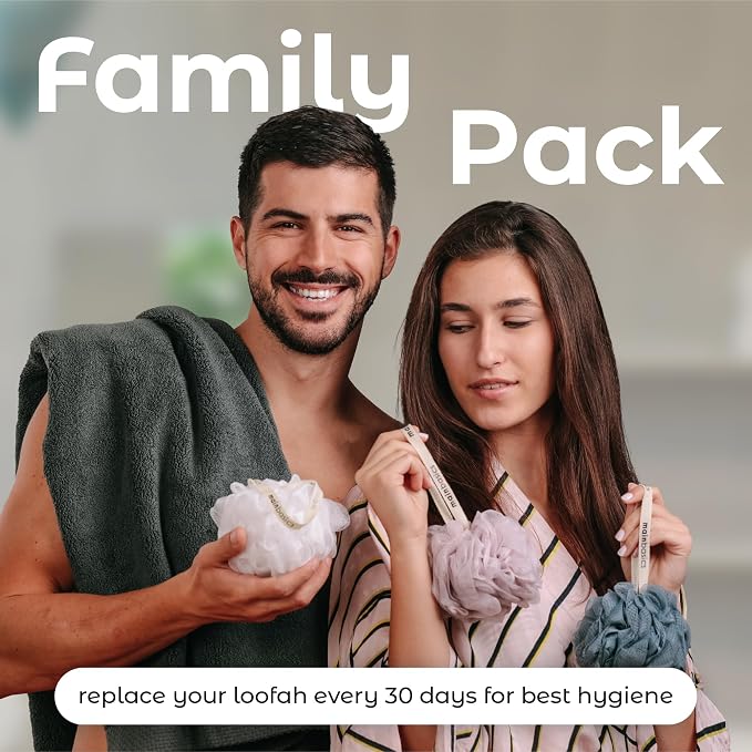 MainBasics Shower Loofah Sponge Pouf, Set of 3, Airy Blossom | Soft Mesh Body Scrubber and Bath Sponge for Gentle Exfoliation, Rich Lather, and Everyday Shower Use
