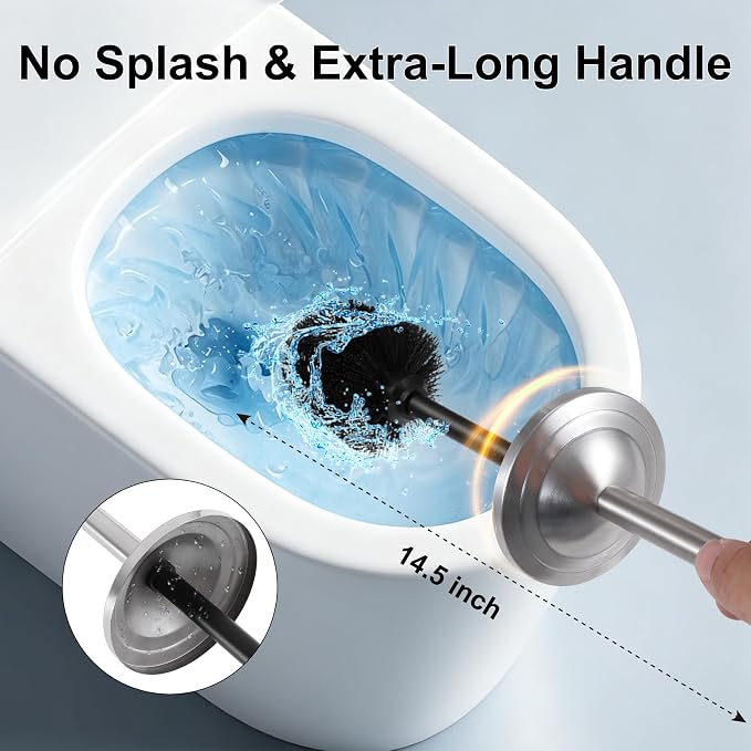 Stainless Steel Toilet Brush and Holder Set,Extra Long Handled Toilet Brush for Bathroom,Heavy Duty Toilet Bowl Brush,Modern Toilet Cleaner Brush, Splash Protection,Deep Cleaning (Nickel)