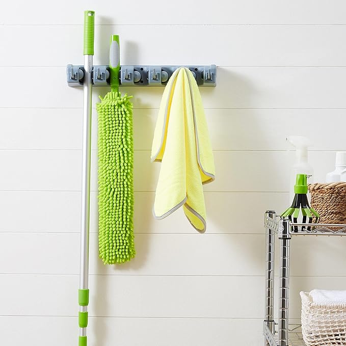 Amazon Basics Rectangular Heavy Duty Wall Mount Broom and Mop Holder, Sturdy Tool Organizer with Hooks and Slots for Garage, Garden, Laundry, Kitchen Organization, 2.36 x 16.9 x 3.35 in, Gray