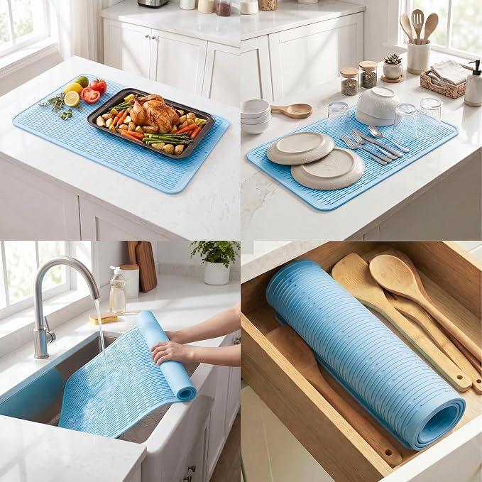 MicoYang Silicone Dish Drying Mat for Multiple Usage,Easy clean,Eco-friendly,Heat-resistant Silicone Mat for Kitchen Counter or Sink,Refrigerator or Drawer Liner Light Blue 4XL 32 inches x 18 inches