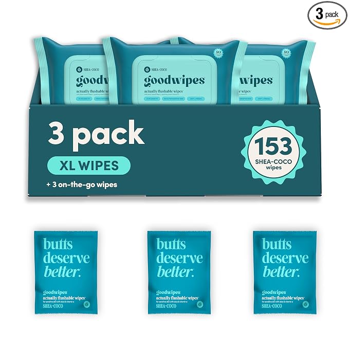 goodwipes Flushable Wipes - Shea-Coco Wet Wipes for Adults, Sewer & Septic Safe, Guest Bathroom Essentials for Women & Men, pH Balanced & Extra Large, 153 Count (3 Packs and 3 Singles)