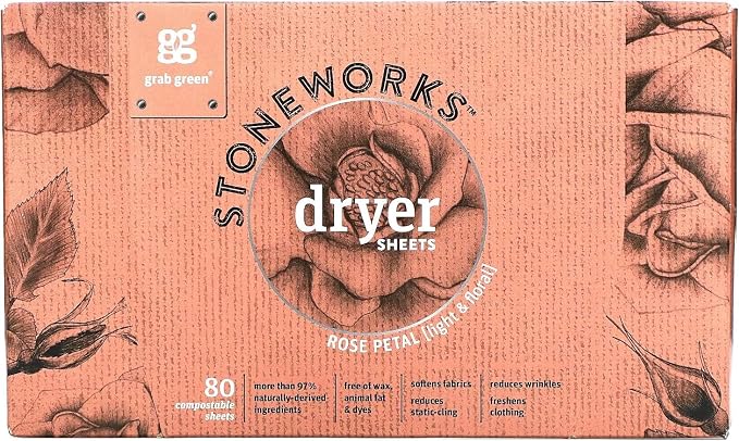 Grab Green Stoneworks Dryer Sheets, Rose Petal, 80 Count, Compostable | Softens fabrics; Reduces Static; Cruelty-free; Plant & Mineral Based; No Harsh Chemicals