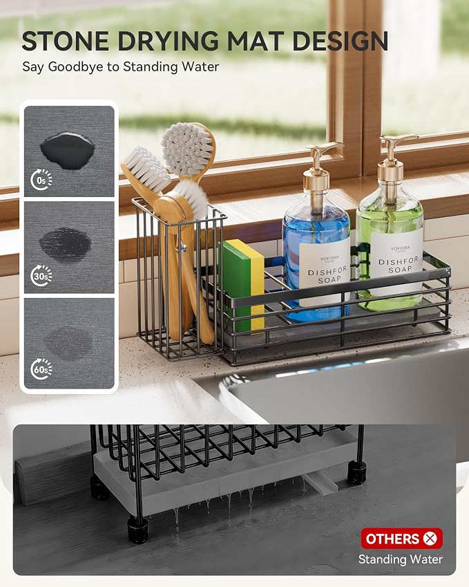 Yofidra Sponge Holder for Kitchen Sink, Sink Caddy Organizer with Stone Drying Mat, Kitchen Countertop Organizers and Storage Essentials, 304 Stainless Steel (Black, 9.29″ L)