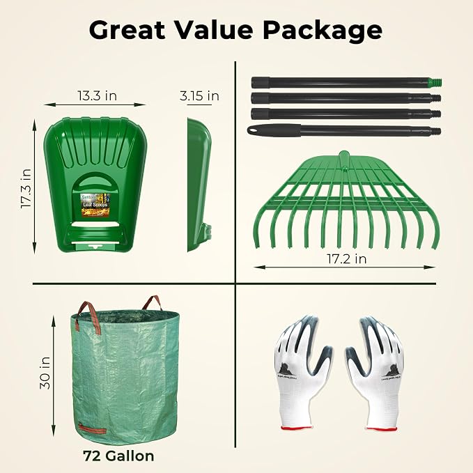 Gardzen Plastic Rake for Leaves and Hand Scoops Set | 67 inch Adjustable Long Handle, Crack Resistant Modified PE Rake, Comes with Wrist Pads, 72 Gallon Bag, Gloves