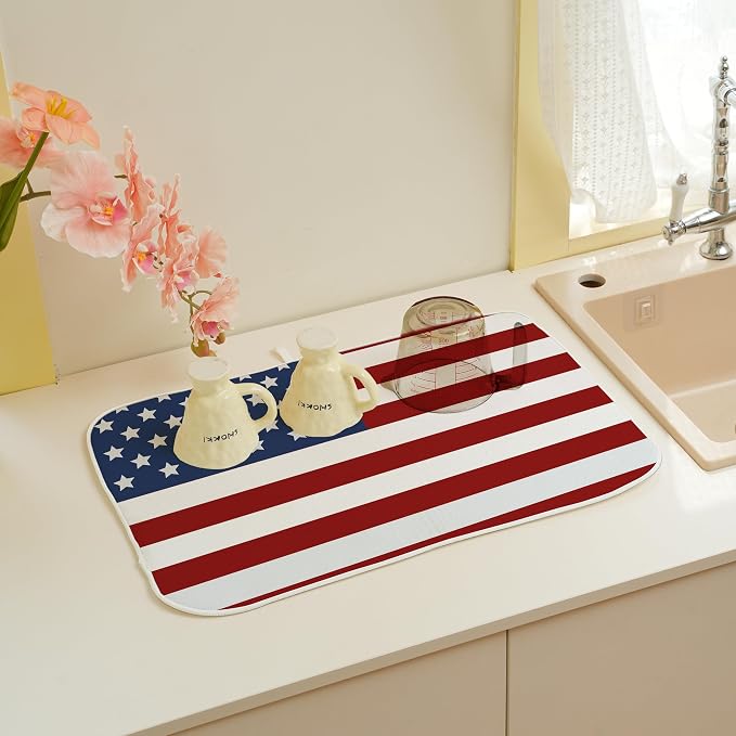 Memorial Day Dish Drying Mats 18x24 Independence Day Red American Flag Striped Star Drying Mats Patriotic Outdoor Decoration Absorbent 4th Of July Drying Pad for Counter Kitchen Dining Room