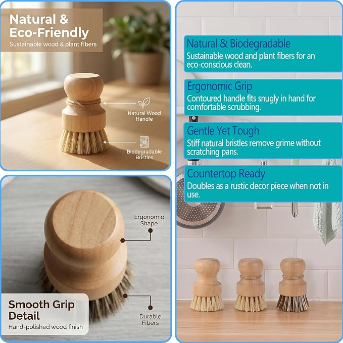 Dish Brush Set, Natural Fiber Kitchen Scrubber with Ergonomic Grip, Wooden Handle, 3 Pack