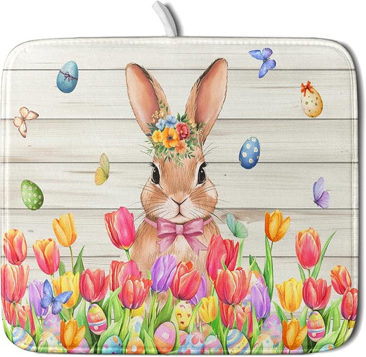 Easter Bunny Dish Drying Mat 16x18 inch Eggs Floral Fast Drying Pad Washable Reversible Microfiber Dish Drainer Mats for Kitchen Counter