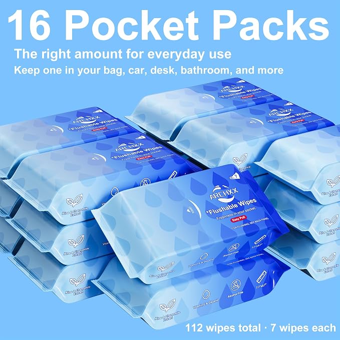 ARCHXX Travel Flushable Wipes, 16 Travel Packs (112 Count), Value Pack, 99% Water with Aloe & Chamomile, Unscented & Hypoallergenic, Mini Wet Wipes, for Sensitive Skin, for Adults & Kids