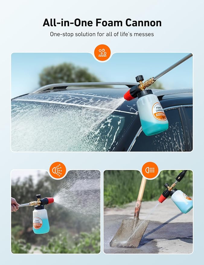 AstroAI Foam Cannon for Pressure Washer with 1/4" Quick Connect Plug, 1 L | Thick Foam, Car Wash, Heavy Duty Durable Foam Sprayer, Wide Neck, Adjustable Snow Foam Lance, Easy Install, Detailing, Brass