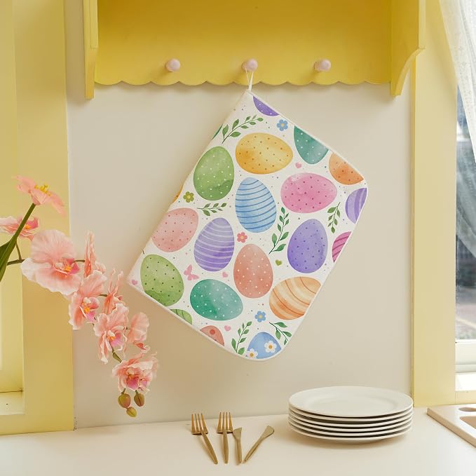 Spring Dish Drying Mat 18x24 Inches For Kitchen Counter Absorbent Colorful Easter Eggs Kitchen Decoration Green Yellow Purple Eggs Drying Mat Pad For Home Kitchen,Dining Room,Office Decor