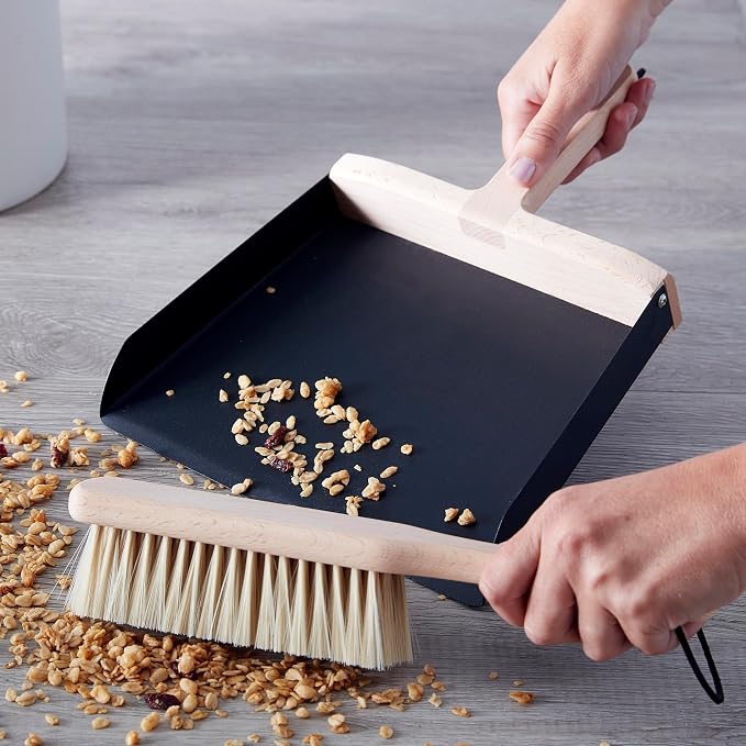 Copco Hand Brush and Dustpan Set - Wooden Beechwood Handle Broom and Dust Pan with Soft Bristles, Leather Loop Hanging Storage, Iron Dustpan, Kitchen and Home Cleaning Essentials