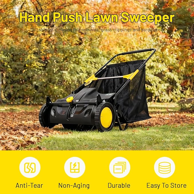 26 Inch Push Lawn Sweeper, Hand Powered Leaf & Grass Sweeper with 7 Cu Ft Hopper, 4 High-Speed Brushes, Height Adjustable, ABS & Steel Frame for Yard Lawn Cleanup (Black, 21 Inch)