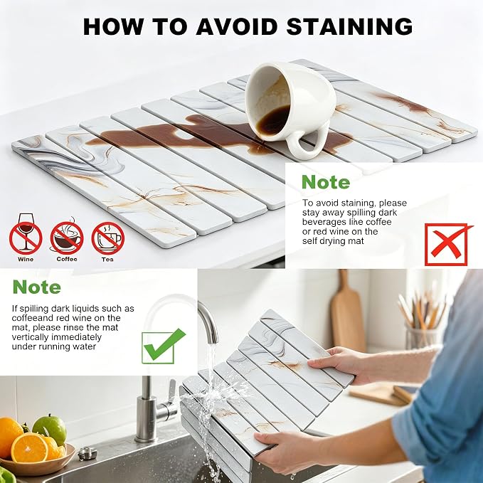 Stone Drying Mat for Kitchen Counter, Quick Diatomaceous Earth Mats for Dishes, 24"L x 16" W Super Absorbent Fast-Drying Collapsible Countertop Stone Mat (Marble White-05, 24" x 16")
