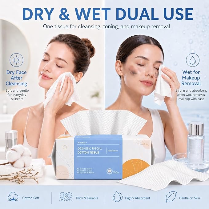 PoeticEHome Face Towel Disposable - Ultra Soft Cotton Tissue Dry Wipes - Lint Free Facial Cleansing Cloths