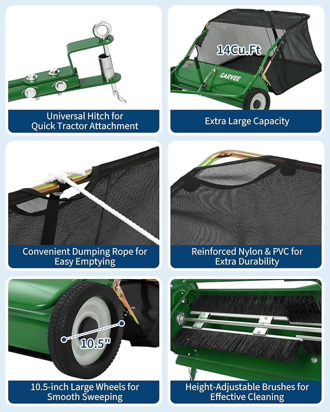 Garvee Tow Behind Lawn Sweeper 42 Inch, Heavy Duty Leaf & Grass Collector | Yard Sweeper Pull Behind,14 cu.ft. Leaf Collector,Tool-Free Adjustable Brush Height,Dumping Rope for Yard,Driveway,Sidewalk