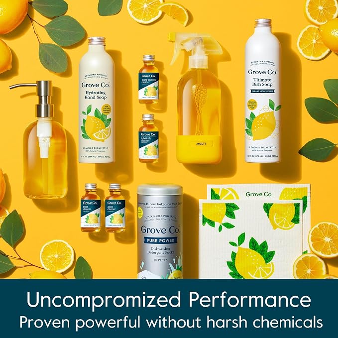 Grove Co. Multi-Purpose Cleaner Refills, 6 x 1fl oz, Lemon & Eucalyptus | 6 refills; Plant-based; No plastic waste; Ammonia & chlorine free; No Harsh Chemicals