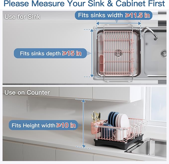JASIWAY Pink Dish Drying Rack in Sink, Expandable Stainless Steel Dish Drainers with Drainboard for Kitchen Counter, Space Saving Dish Dryer Rack, Over The Sink Dish Racks with Utensil Holder