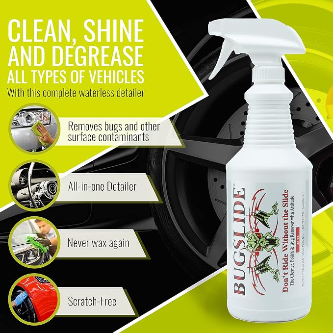 BugSlide Bug Remover All Purpose Car Cleaner & Detailer Spray, 32 Oz | All purpose spray for interior and exterior use. Removes bugs from plastic, metal, glass and mirrors, no scratching.
