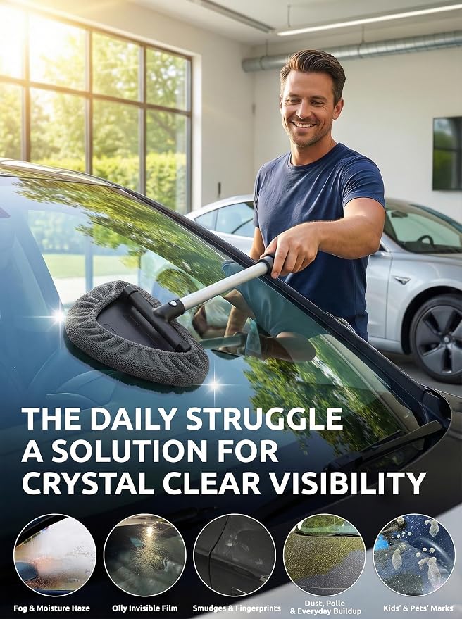TAKAVU Window & Windshield Cleaner, Extendable, 3 Microfiber Pads (Grey) | Pivoting Triangle Head Wiper Cleans Interior & Exterior Glass, 3 Washable Reusable Bonnets, Lint-Free