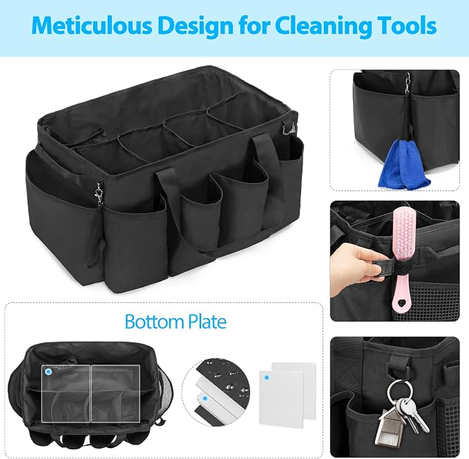 HODRANT Extra-Large Cleaning Caddy with Handles & Multi Pockets | Large Capacity Tote Bag for Cleaning Tools & Products Storage, Cleaner Organizer for Car, Home & Housekeeping Work, Black
