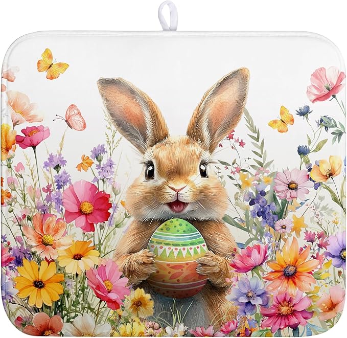 Spring Easter Dish Drying Mat for Kitchen Counter Easter Bunny Rabbit Eggs Flowers Dishes Drainer Mats 16x18 Microfiber Absorbent Medium Dish Drying Pad for Kitchen Countertop Tableware Decor