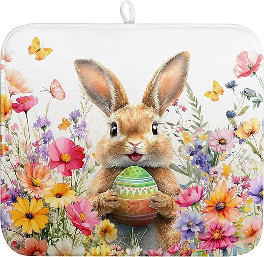 Spring Easter Dish Drying Mat for Kitchen Counter Easter Bunny Rabbit Eggs Flowers Dishes Drainer Mats 16x18 Microfiber Absorbent Medium Dish Drying Pad for Kitchen Countertop Tableware Decor