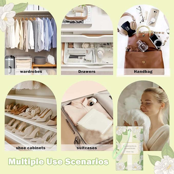 SCENTORINI Scented Sachets for Drawer and Closet, Gardenia Scent 14 Pack | Long-Lasting Sachets Bags Gift Set, Closet Freshener Sachets for Wardrobe Freshener, Cupboard, Suitcases, Handbags